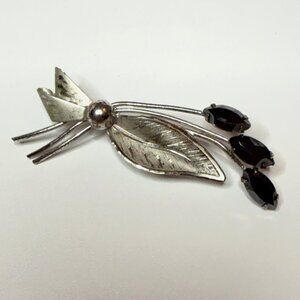 Vintage Sterling Silver Floral Spray Brooch Pin Hemotite Stone Buds Textured Lea
